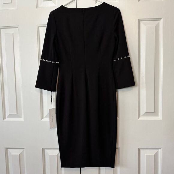 Calvin Klein Little Black Sheath Dress | NWT Size 2 | Bell Sleeve Pearl Detail - Picture 2 of 13